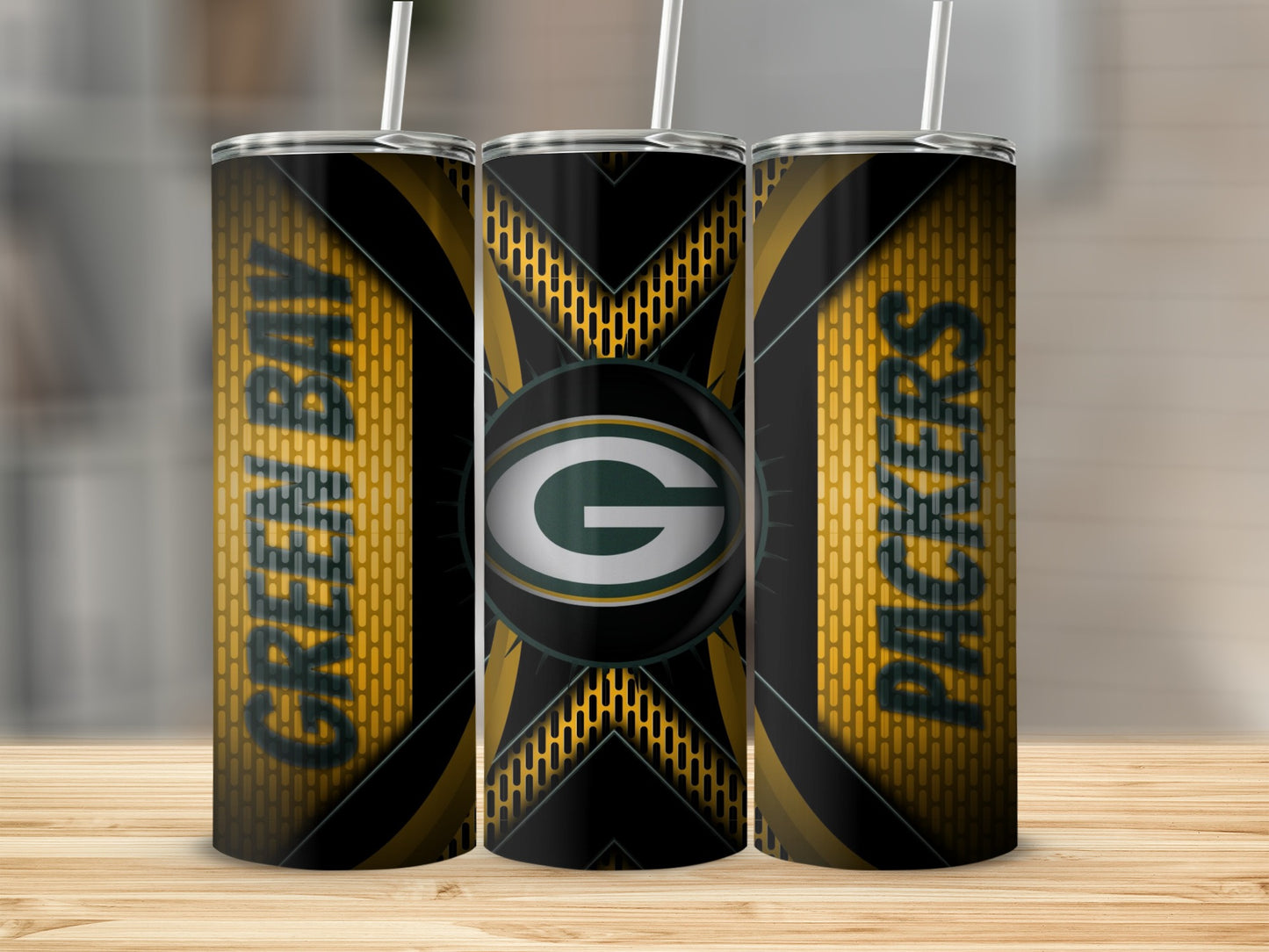 Green Bay Packers Logo on Abstract Yellow Grid Tumblers