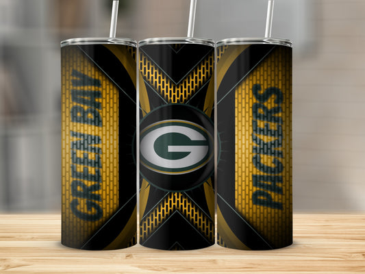 Green Bay Packers Logo on Abstract Yellow Grid Tumblers
