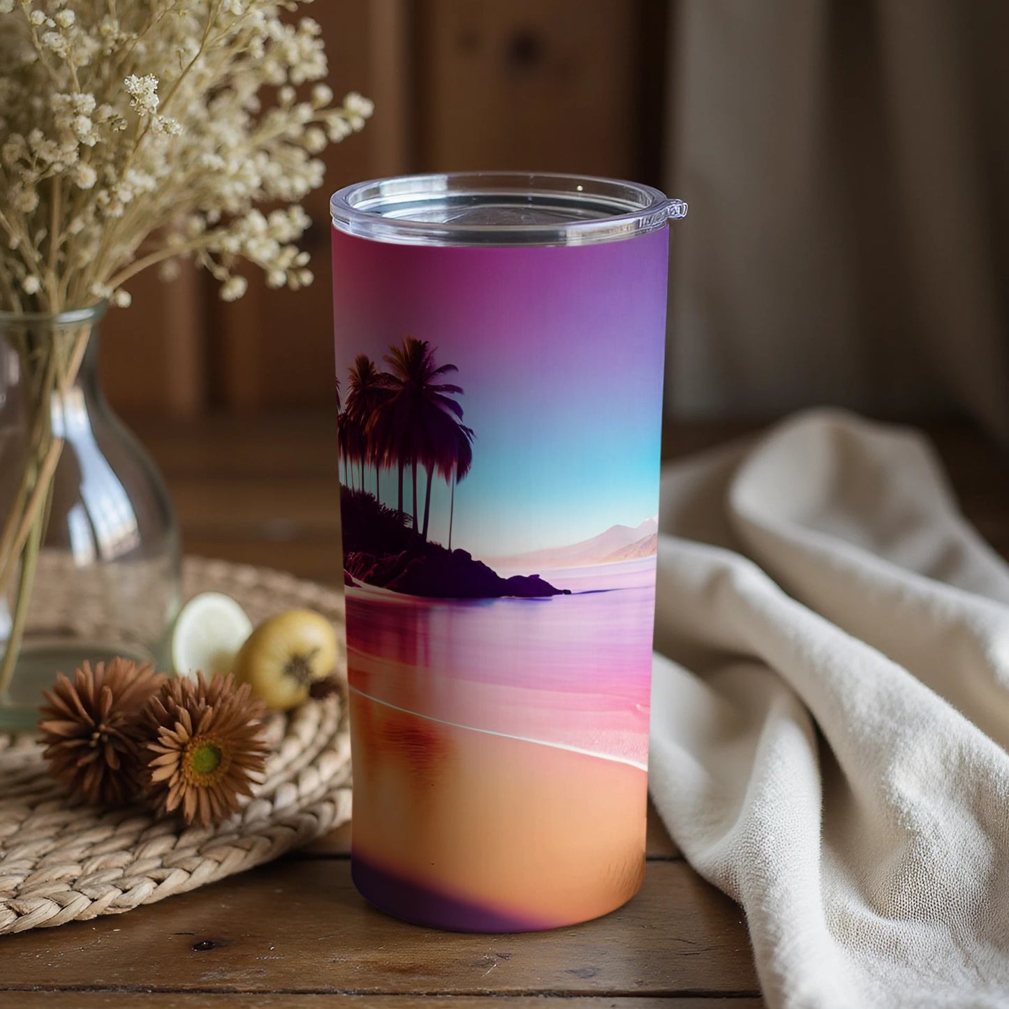 Tropical Sunset Beach Scene Tumbler Cup with Lid