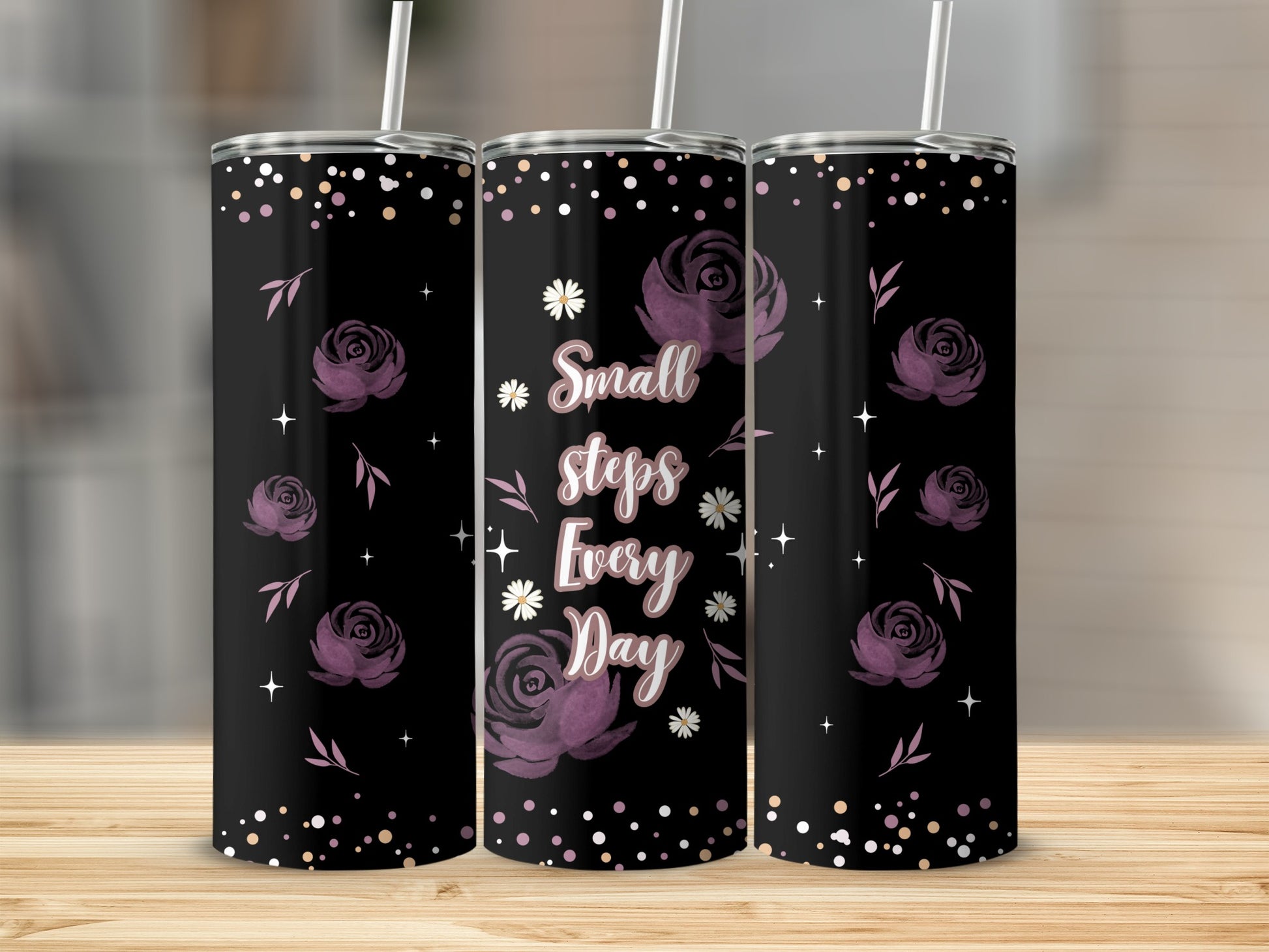 Small Steps Every Day Floral Black Tumbler