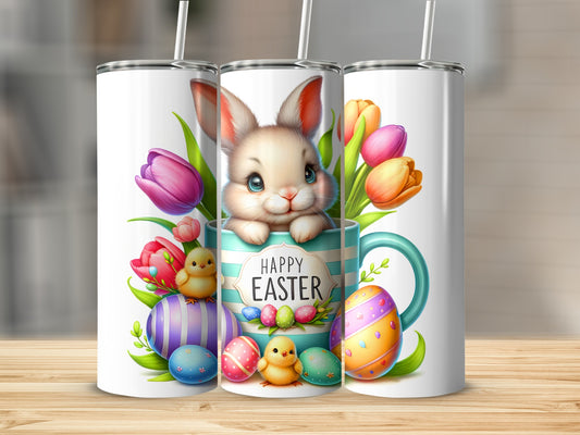 Easter bunny in a mug with chicks, eggs, and tulips.