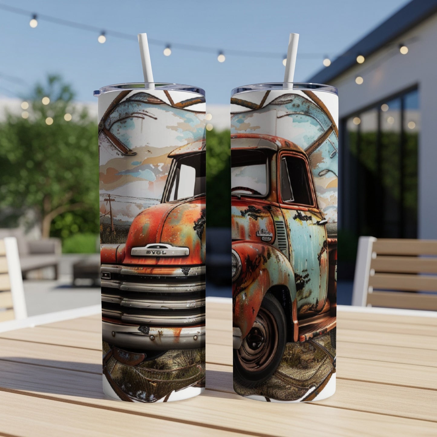 Rusted teal and orange vintage pickup truck on a textured background.