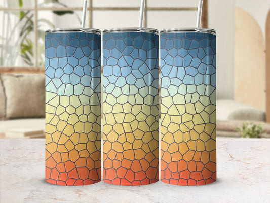 Three tall tumblers with a mosaic gradient pattern in blues, yellows, and oranges.