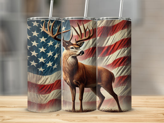 Patriotic American Flag Deer Art Tumbler Bottle Custom Design