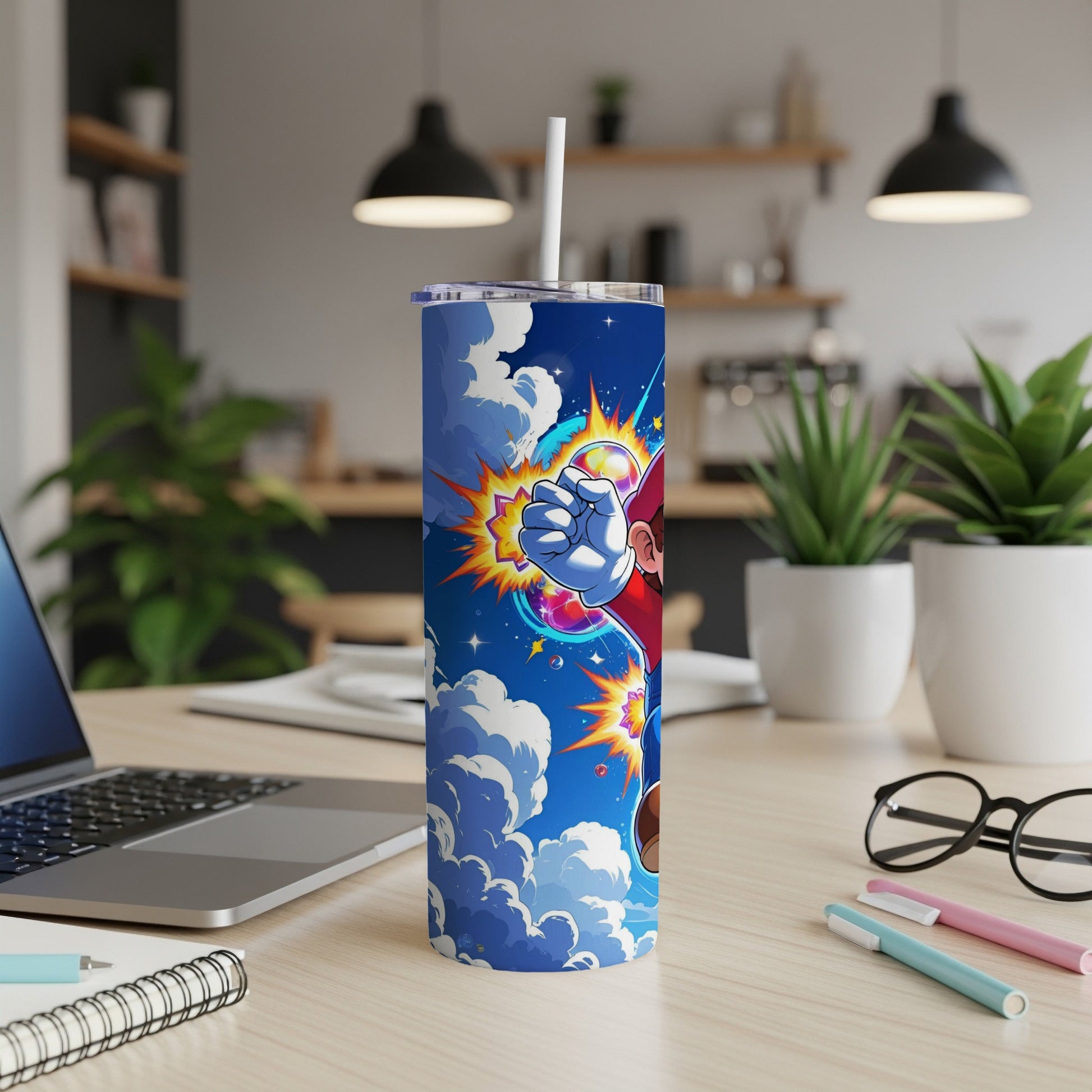 Mug featuring Mario punching through a cloud-filled sky, on a desk.
