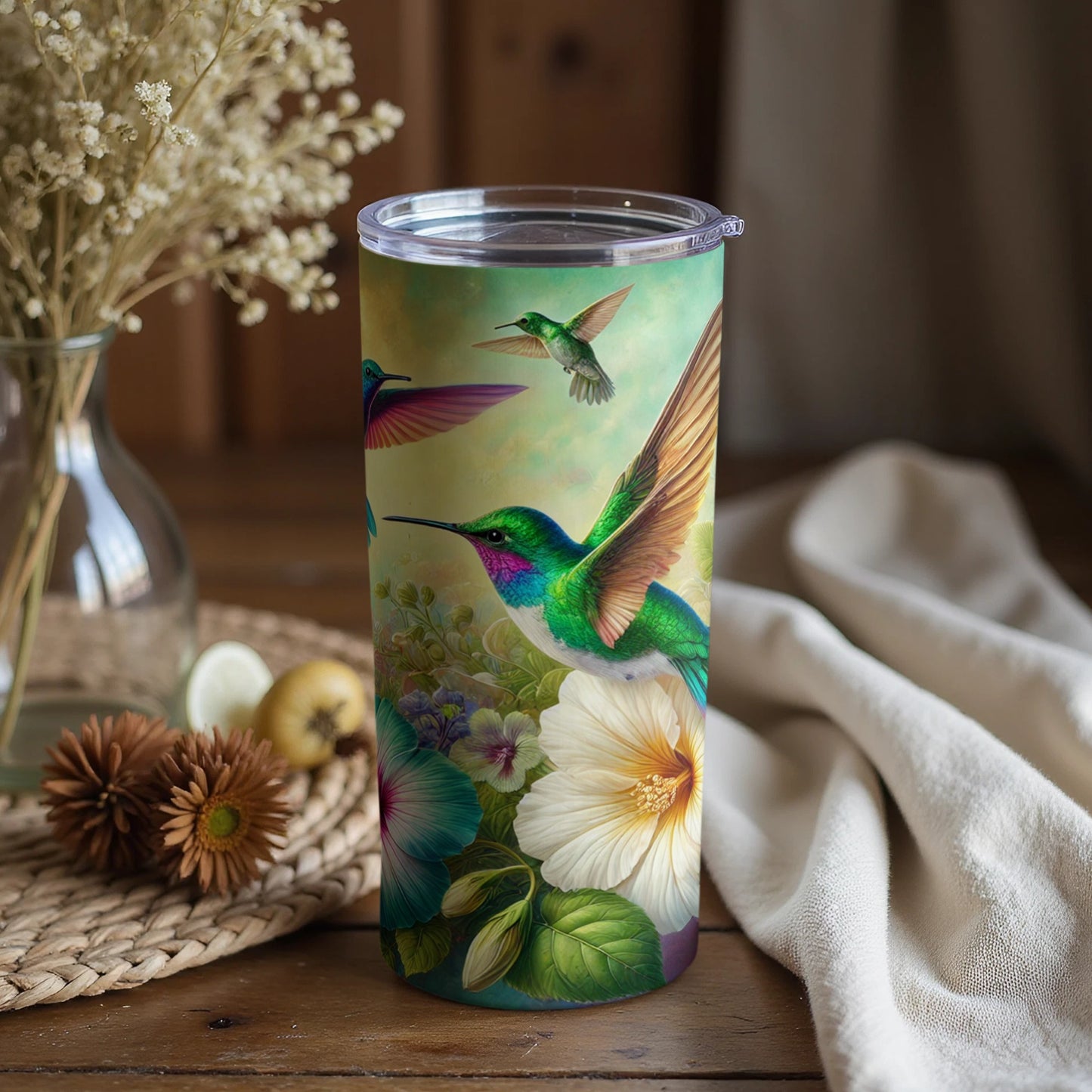 Vibrant Hummingbird and Floral Design Tumbler Cup