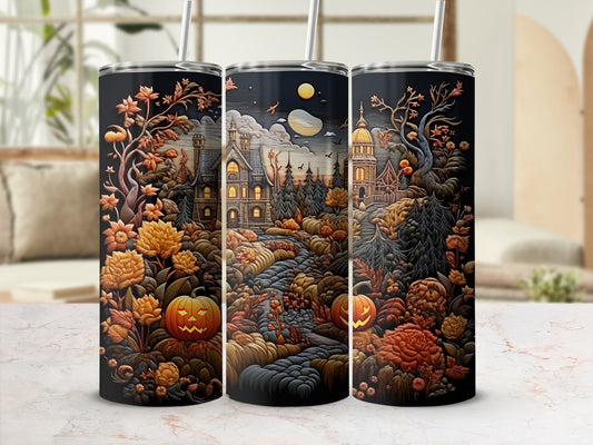 Tumblers with a Halloween scene featuring pumpkins, ornate buildings, and autumn foliage.