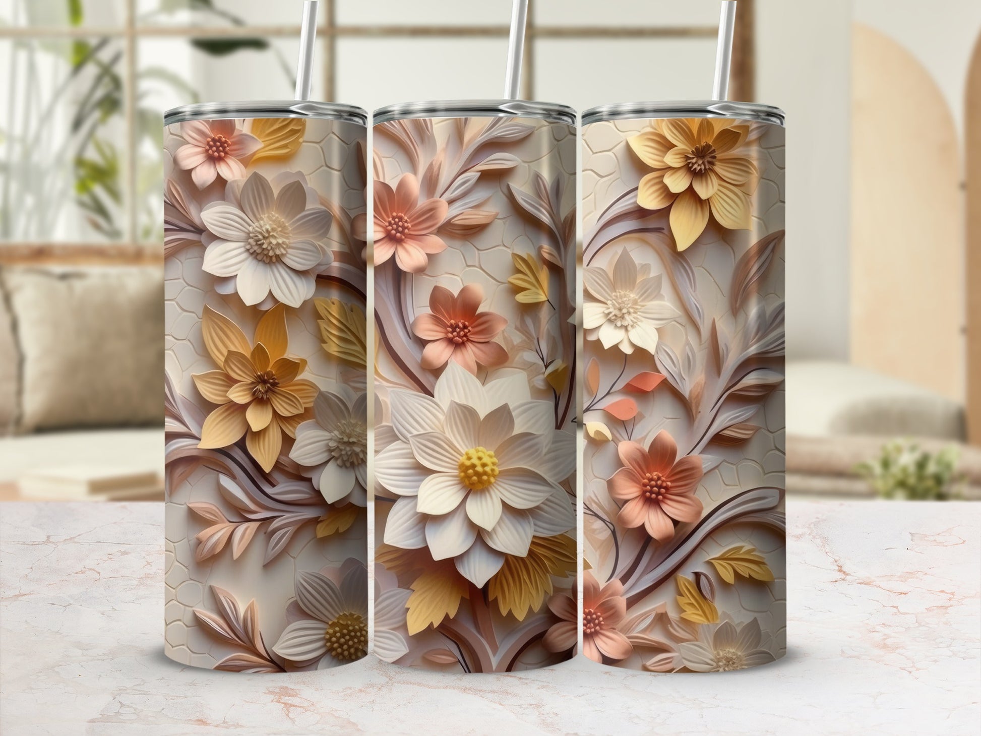 Three decorative tumblers with raised floral patterns and subtle pastel colors.