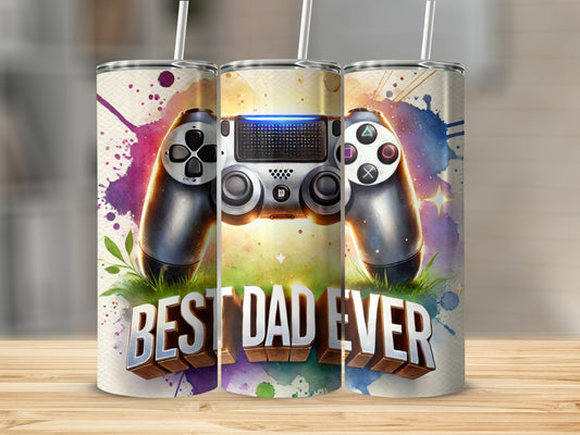 Gaming controller with "BEST DAD EVER" text and watercolor splashes.