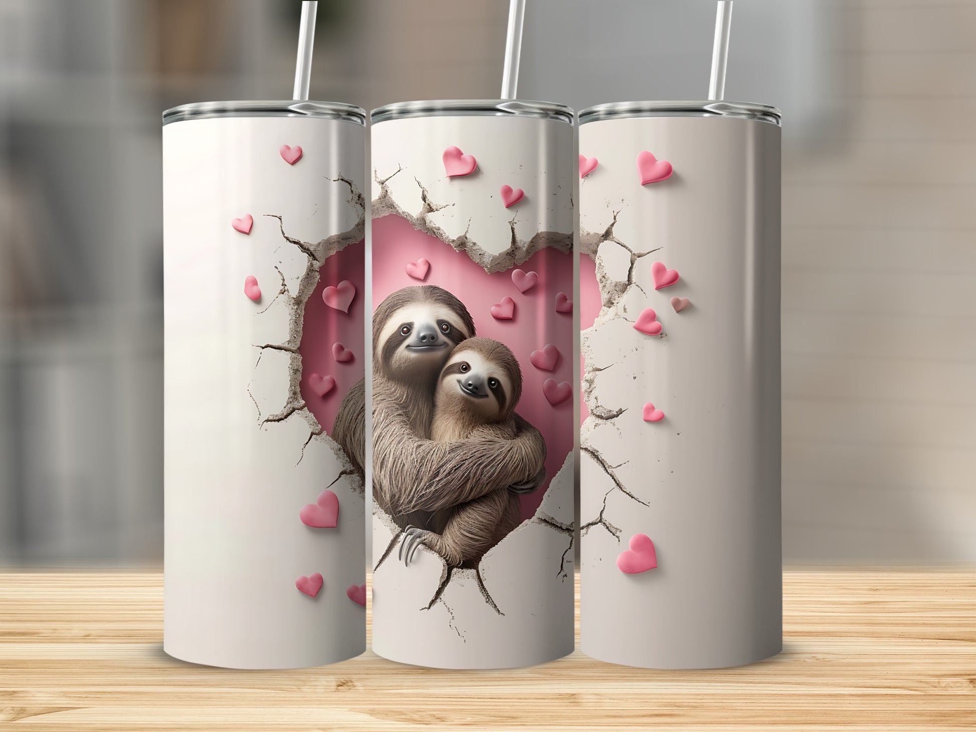 Two sloths embracing through a cracked heart on a white tumbler with pink hearts.