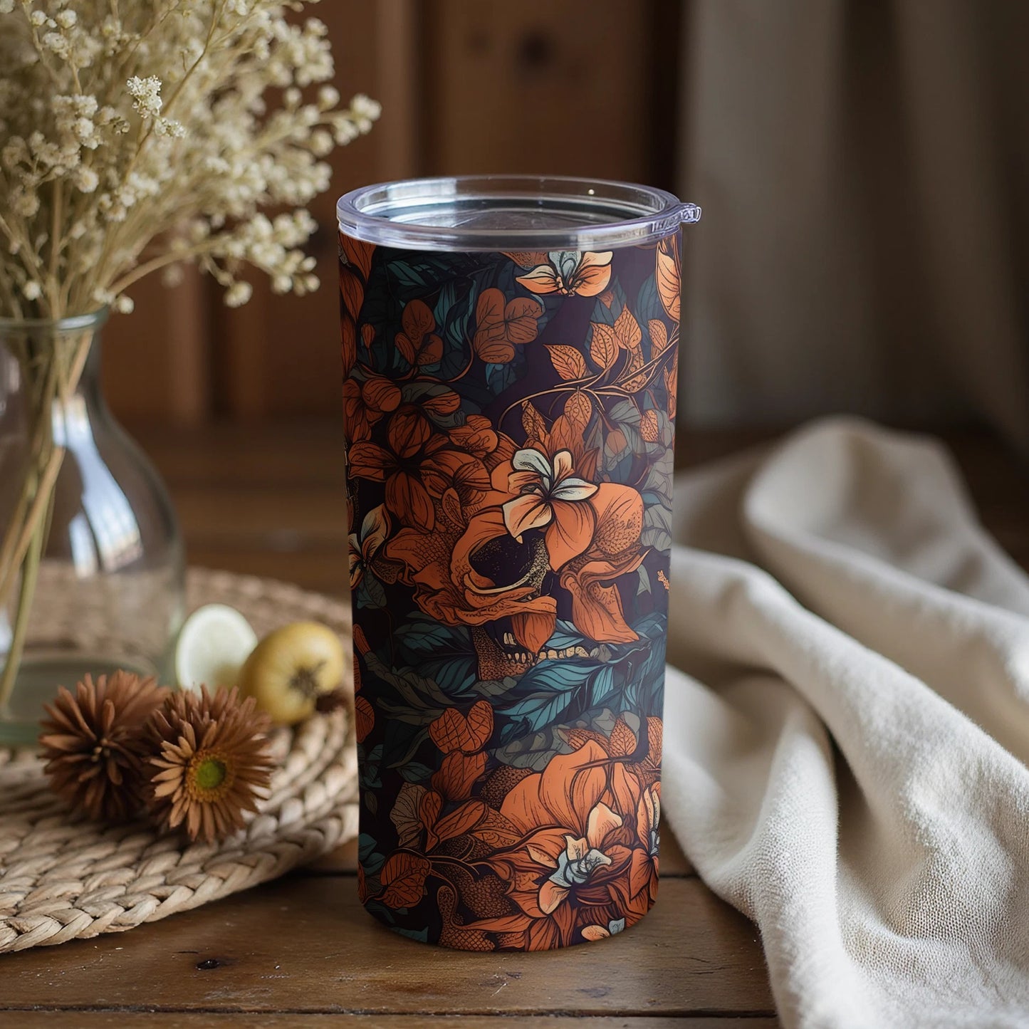 Floral Skull Design Travel Tumbler for Work and Home