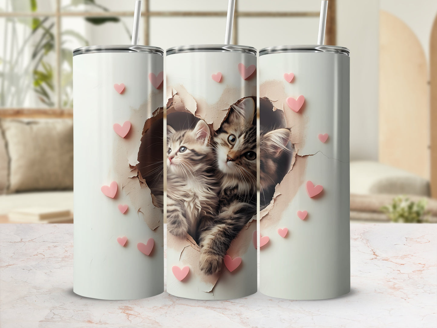 Three white tumblers featuring kittens peeking through a heart-shaped hole.