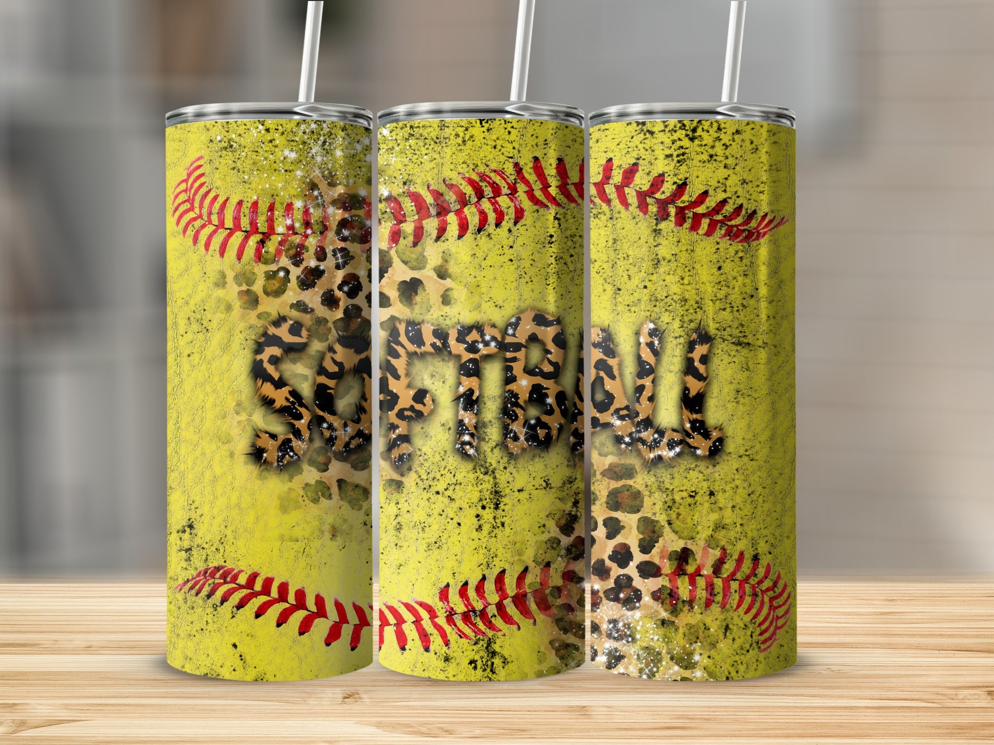 Yellow tumbler with softball and leopard print design.
