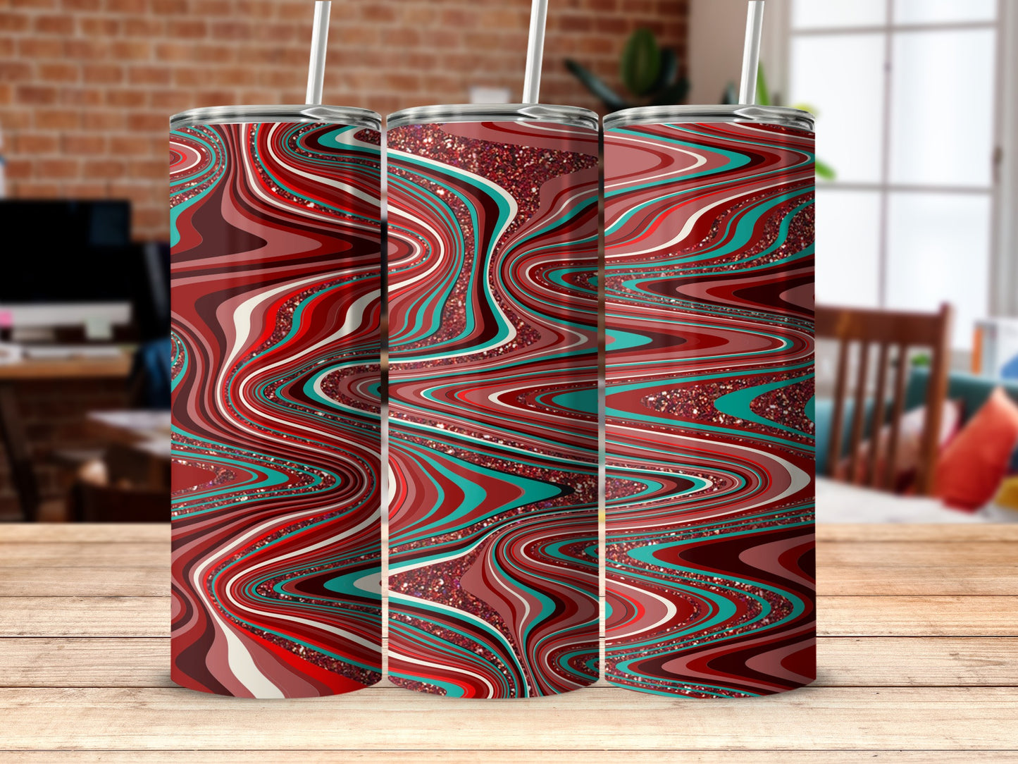 Swirling Abstract Red and Teal Tumbler Design
