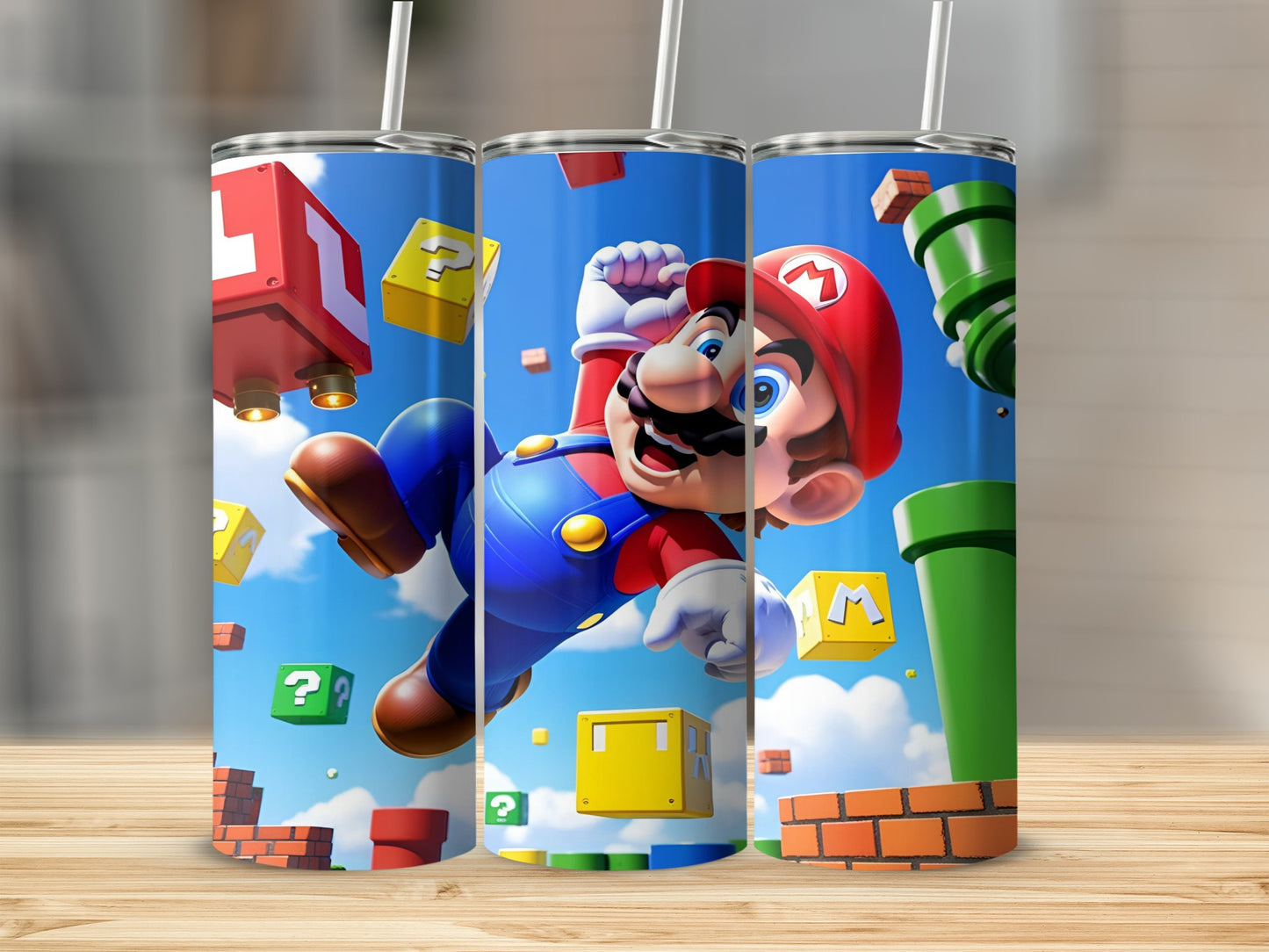 Super Mario jumping with question blocks and pipes on blue sky background.