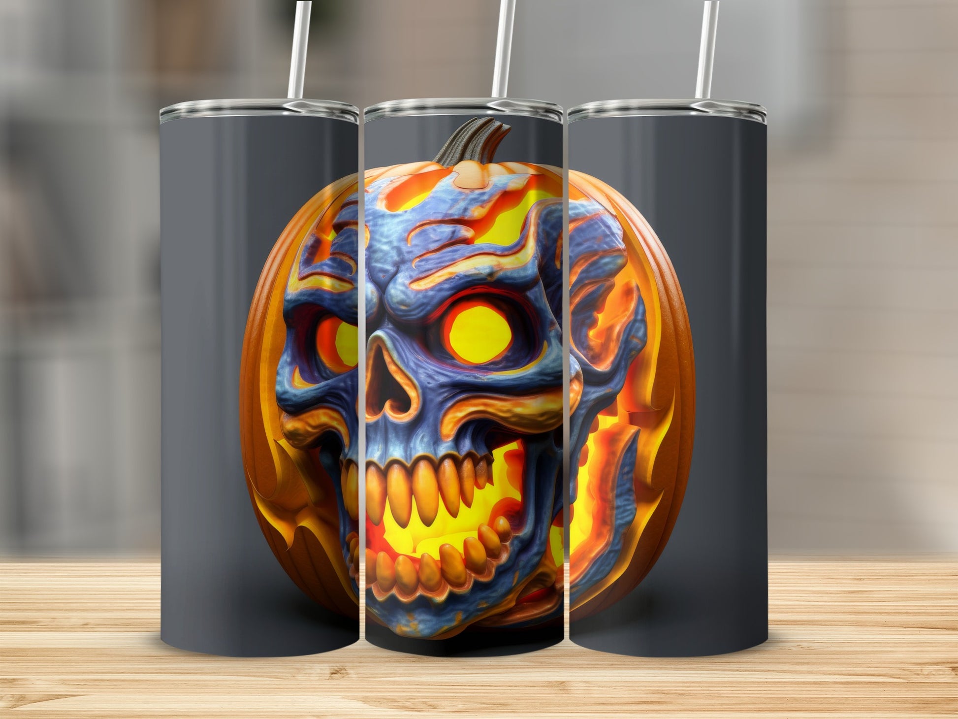 Tumbler with carved pumpkin skull design in blue, orange, and yellow.