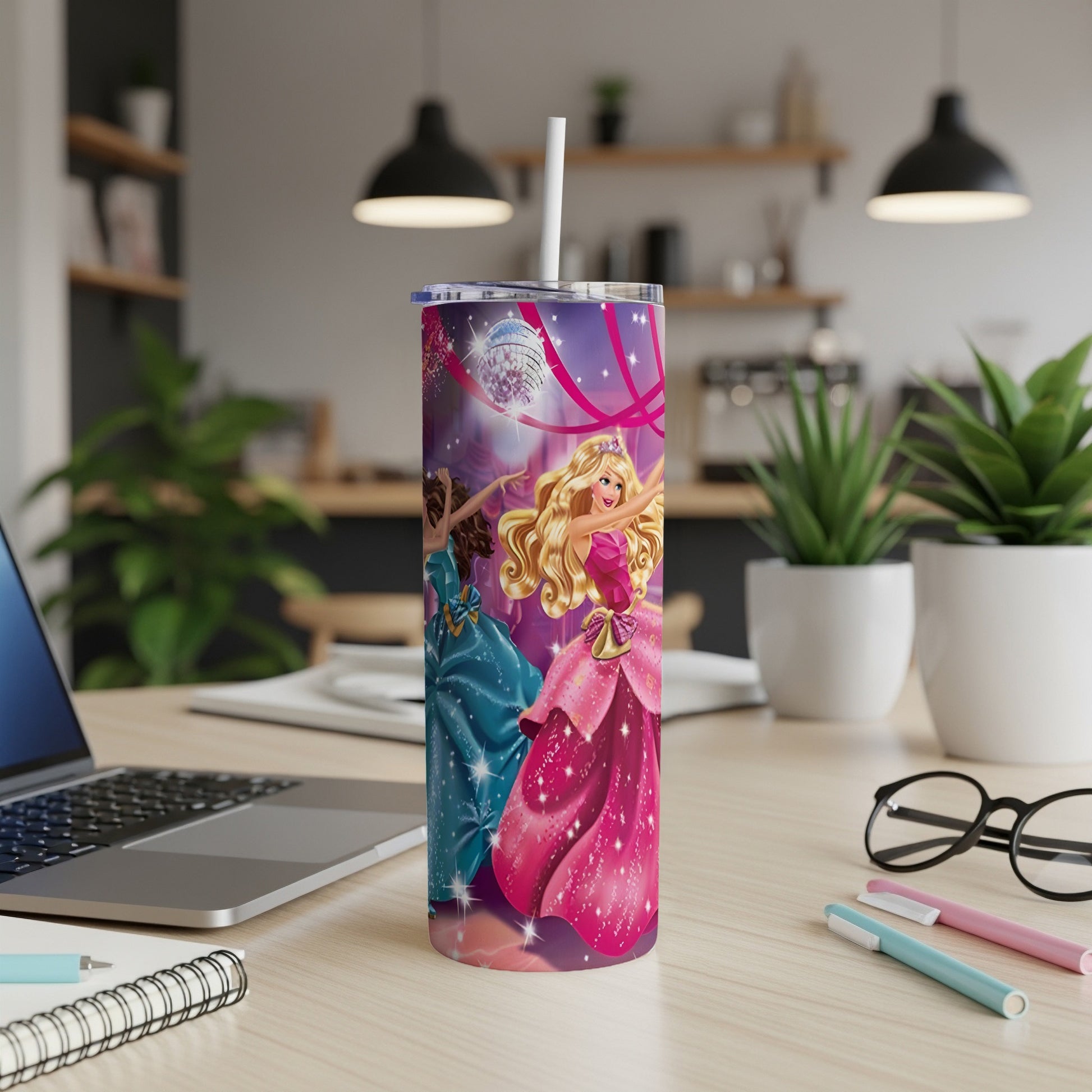 Barbie in pink and teal dresses on a sparkling disco-themed tumbler.