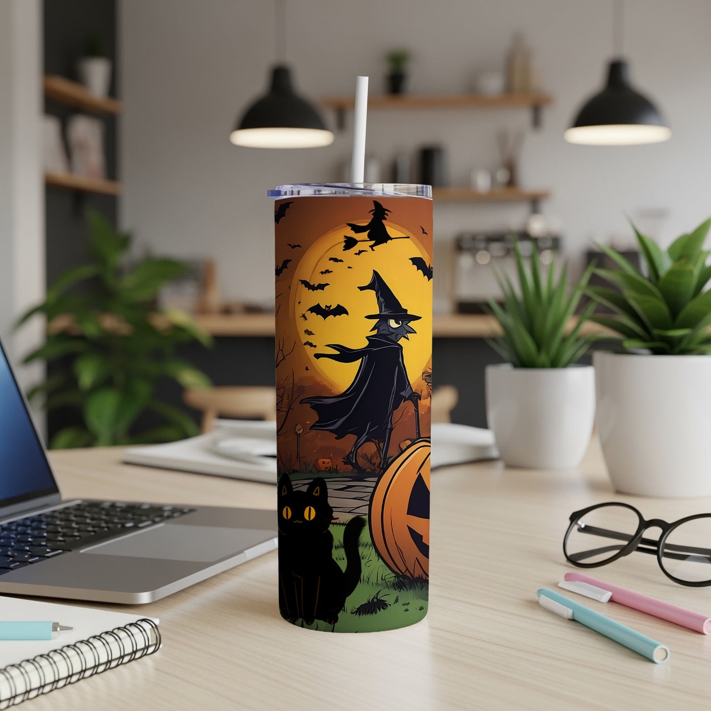 Halloween tumbler with witch, black cat, pumpkin, and bats on a full moon background.