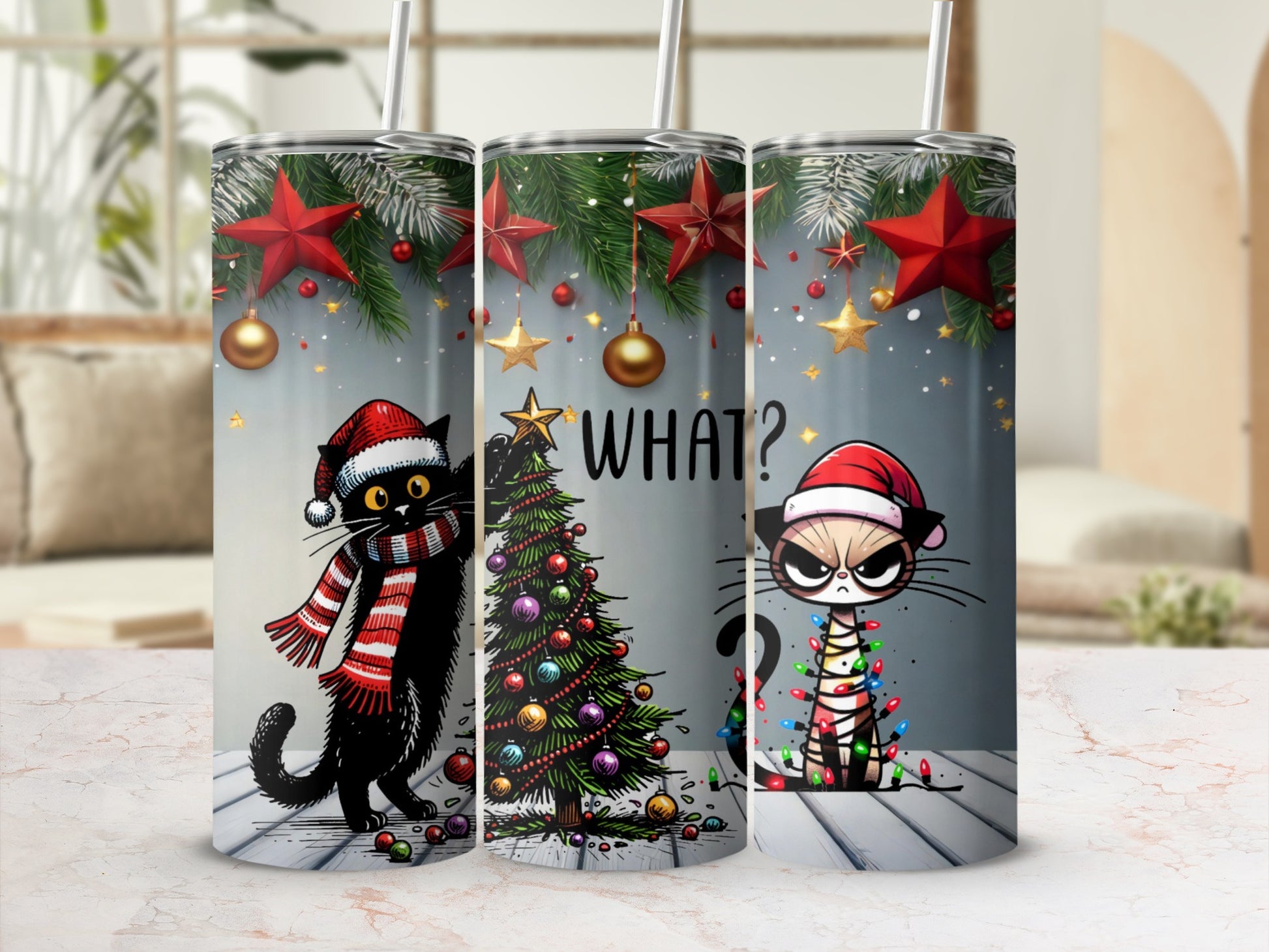 Three tumblers featuring grumpy cats in Santa hats with holiday decorations.