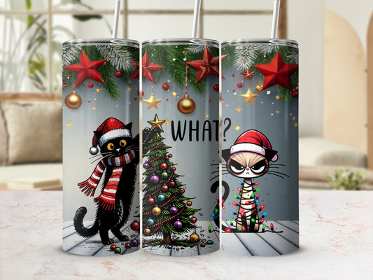 Three tumblers featuring grumpy cats in Santa hats with holiday decorations.