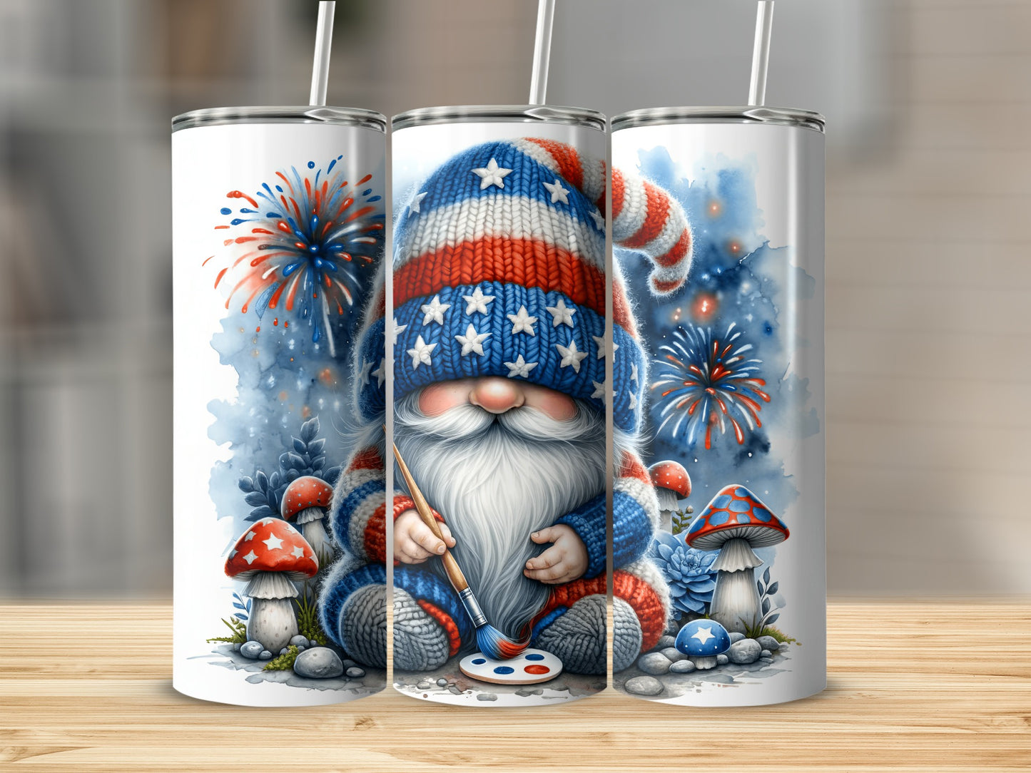 Gnome painting fireworks in a patriotic hat.