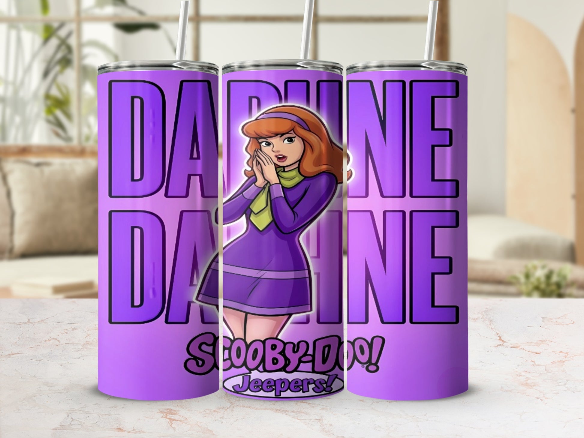 Daphne from Scooby-Doo on a purple tumbler with "Scooby-Doo! Jeepers!" text.
