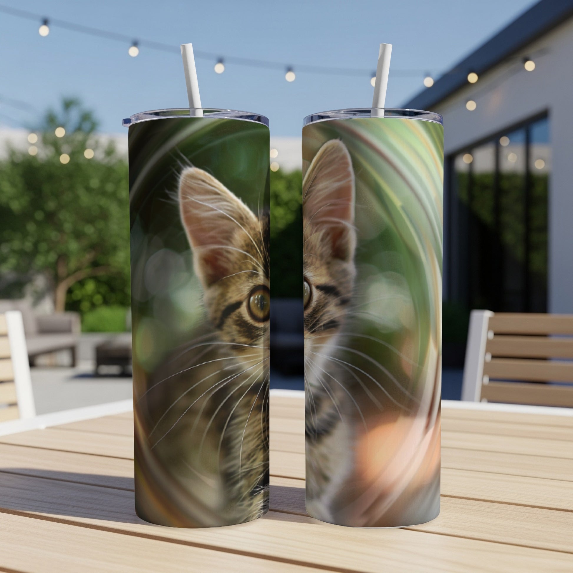 Two tumblers with close-up kitten faces on an outdoor table.
