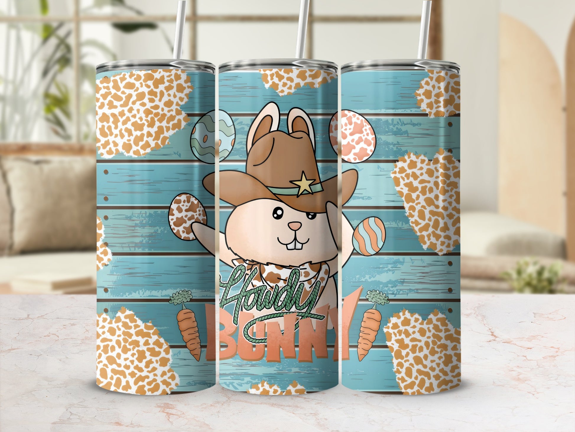 Happy Bunny Cowboy Themed Blue Tumbler with Straws