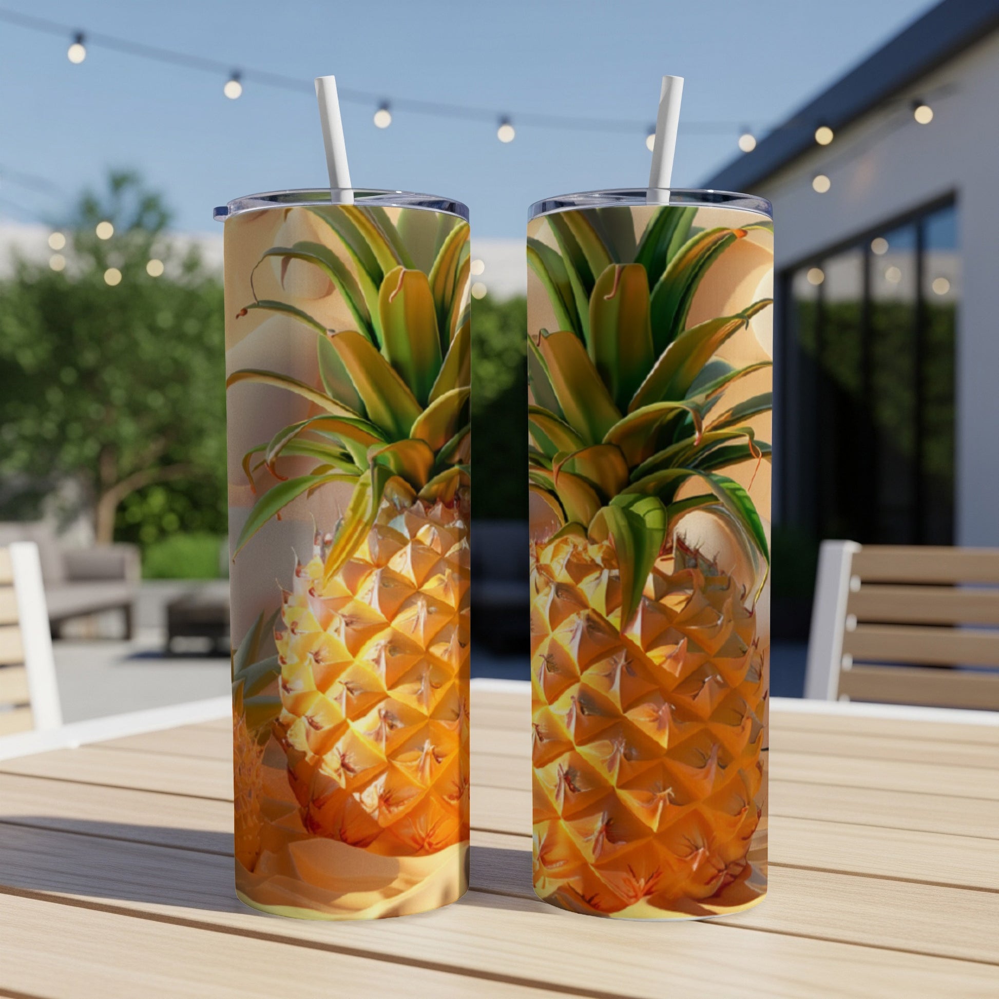 Two tumblers with a detailed pineapple print on a wooden table.