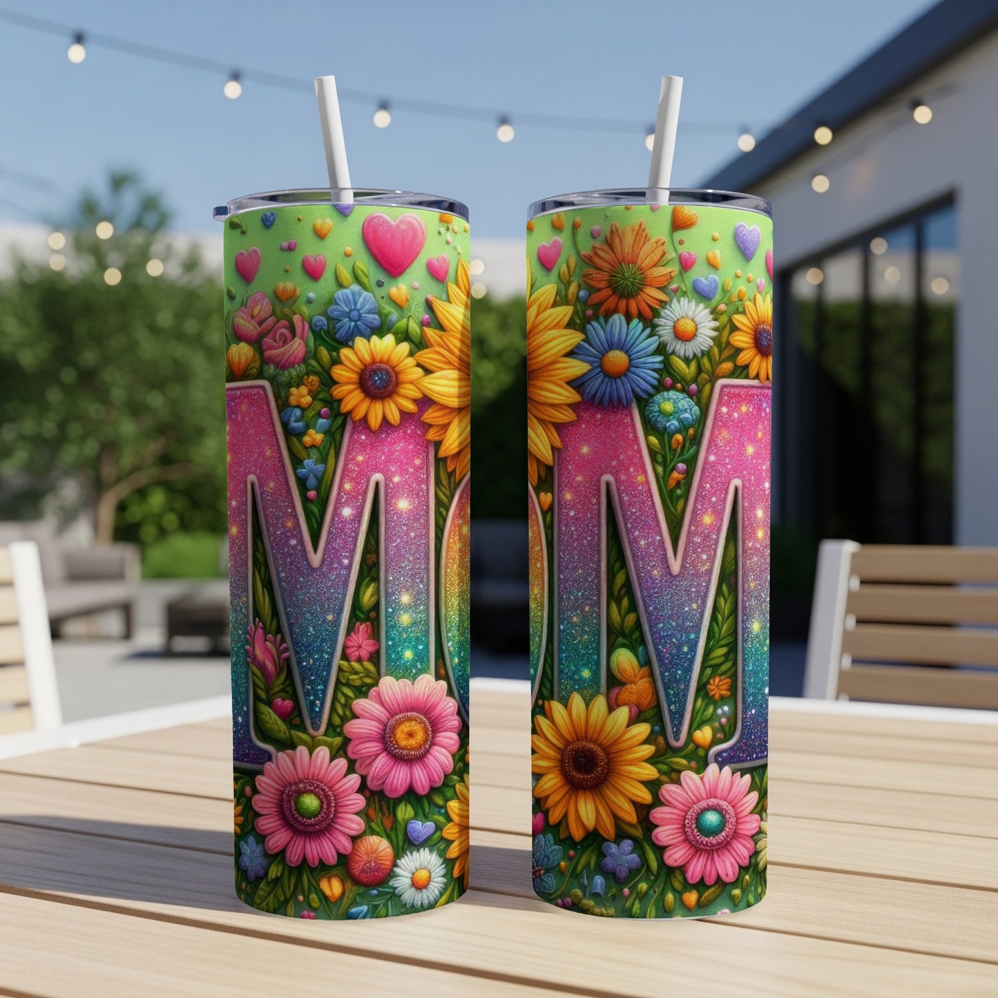Two colorful tumblers with "MOM" design and floral accents.