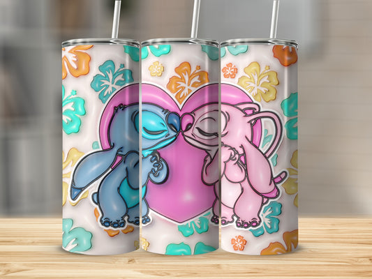 Cute Blue and Pink Characters with Heart Tumbler