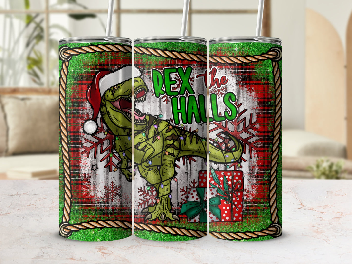 Green plaid tumbler with a T-Rex in a Santa hat, "Rex the Halls" text, and snowflakes.