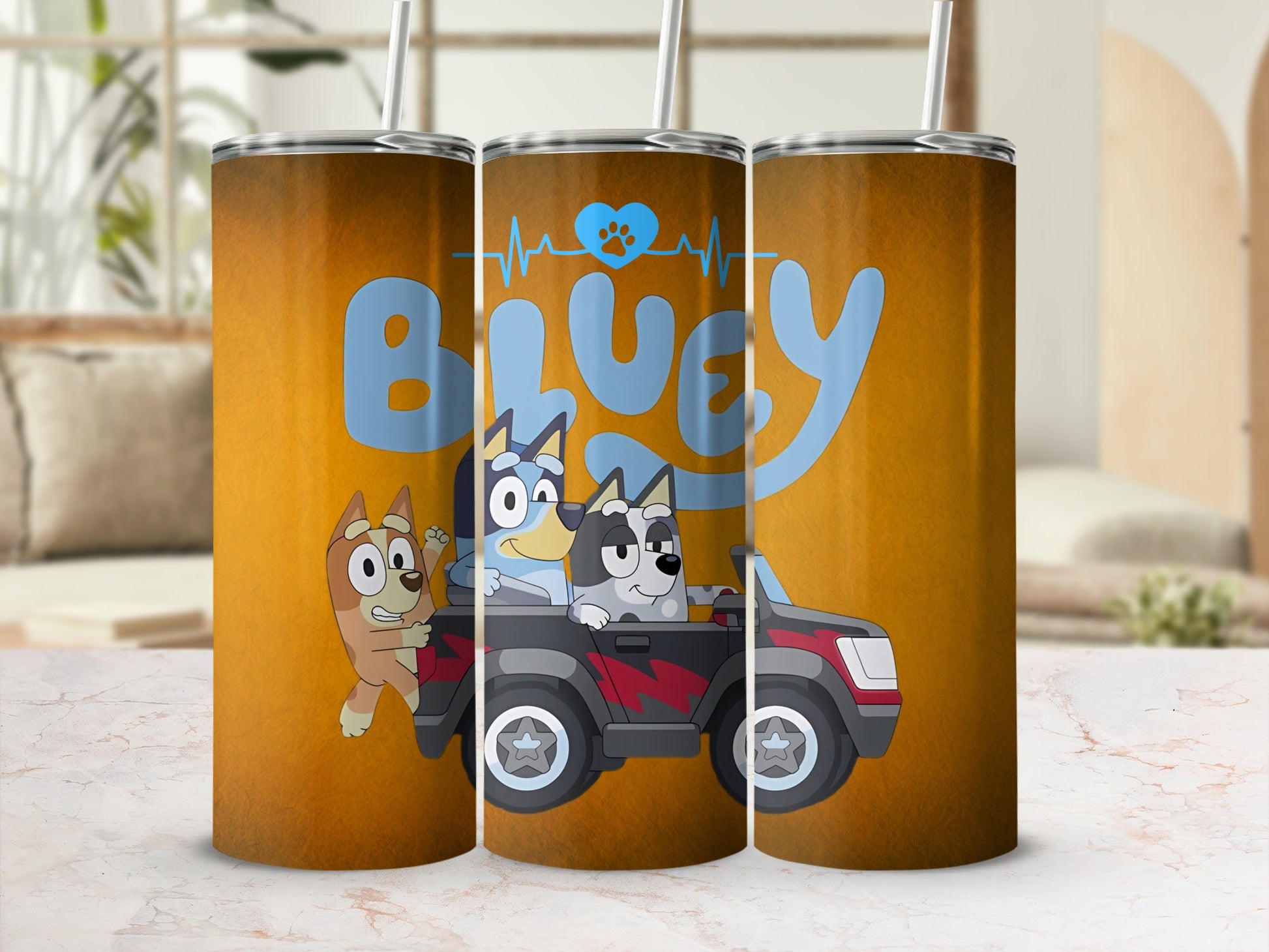 Bluey Cartoon Characters Travel Tumbler with Straw