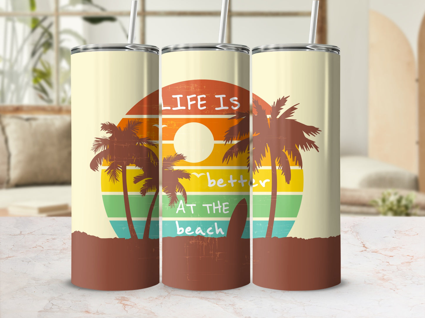 Beach sunset scene with palm trees and text "Life is better at the beach".