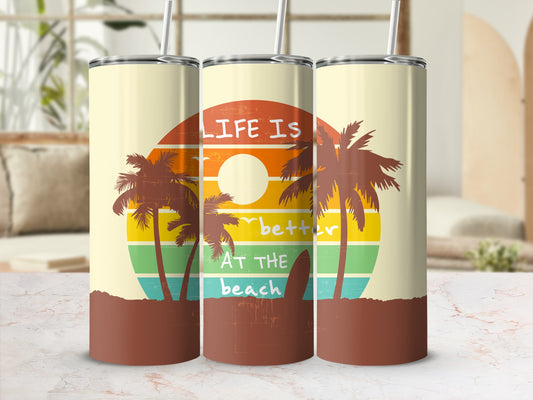 Beach sunset scene with palm trees and text "Life is better at the beach".