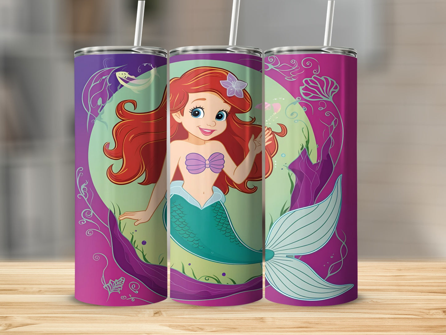 Ariel the Little Mermaid on a purple and teal gradient tumbler with floral accents.