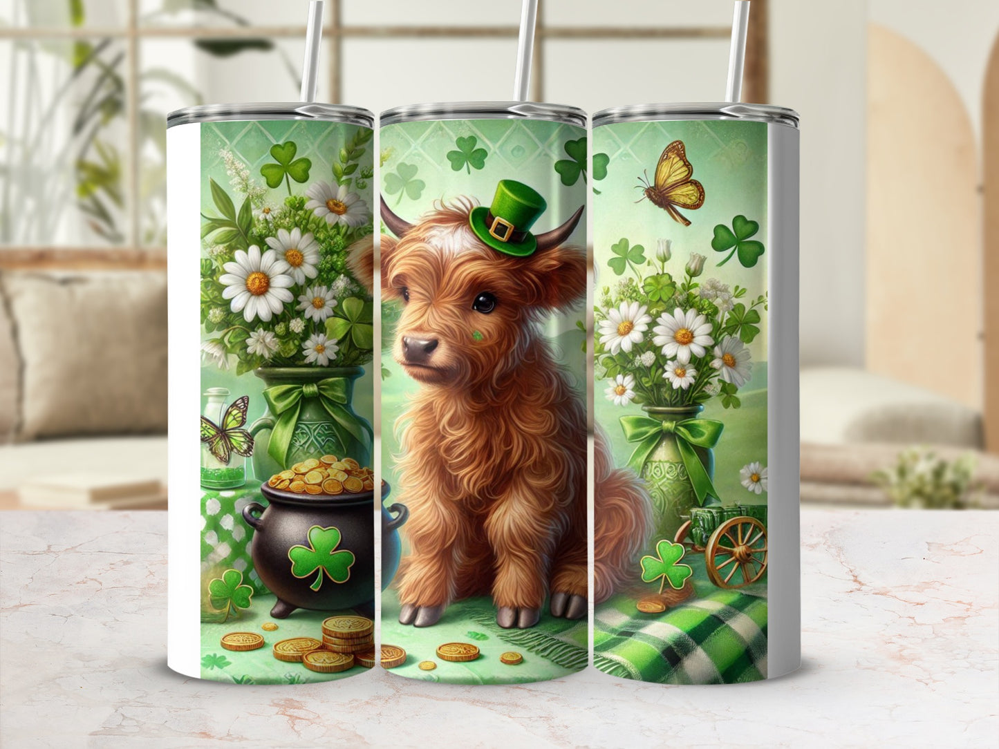 Cow wearing a green hat with shamrocks, a pot of gold, and daisies.
