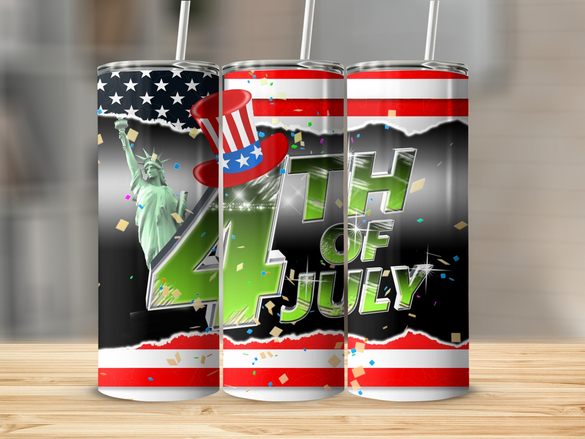 Three patriotic tumblers with Statue of Liberty, fireworks, and "4th of July" text.