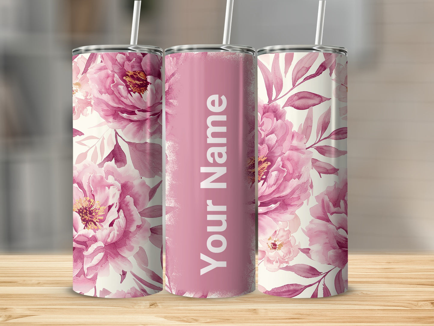 Personalized Pink Floral Tumbler with Your Name Template
