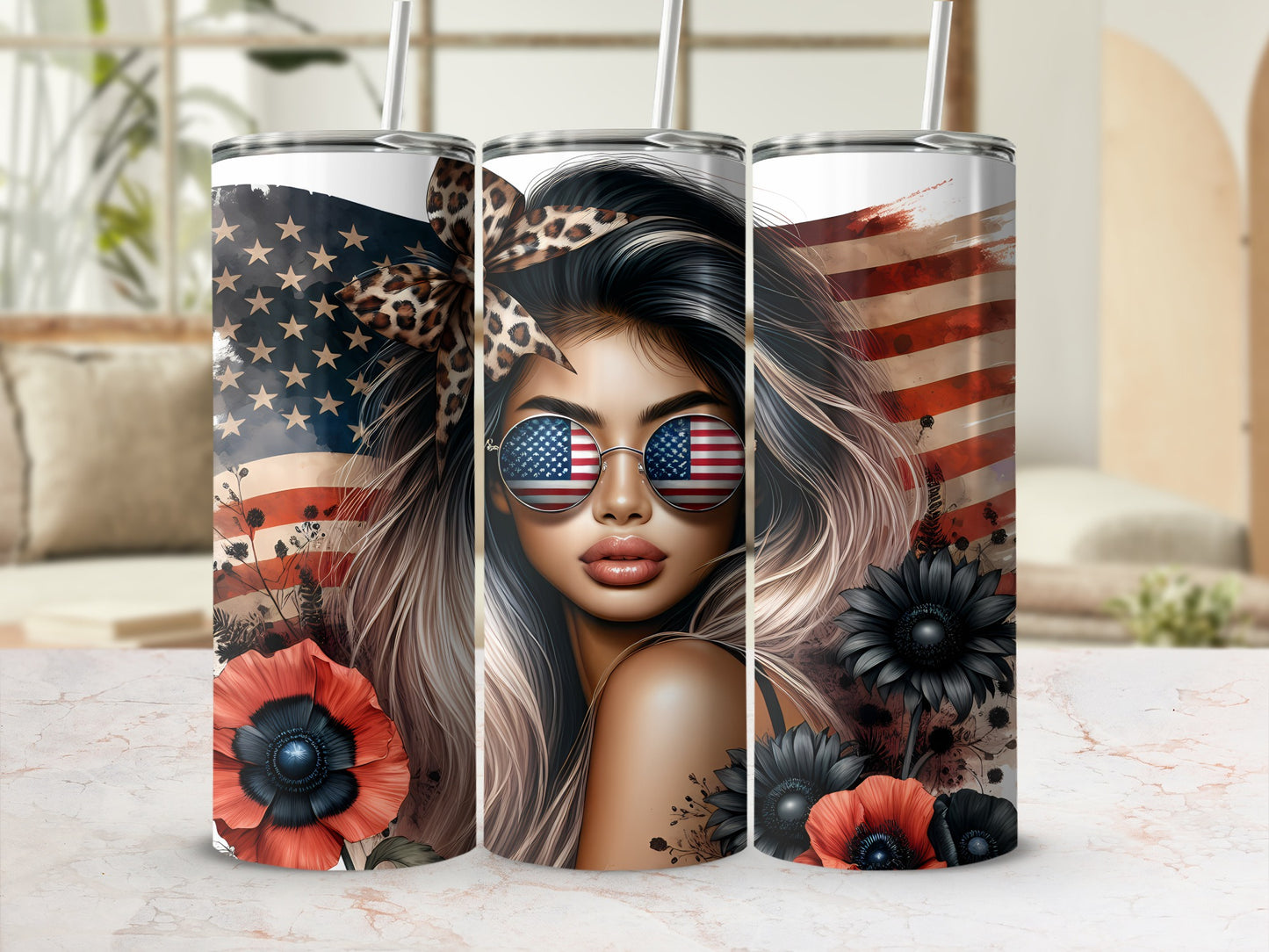 Tumbler with American flag, woman wearing sunglasses with flag, and floral accents.