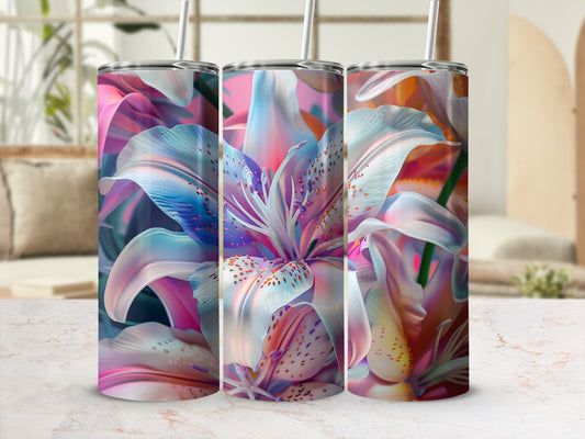 Three tumblers with iridescent floral design and straw.