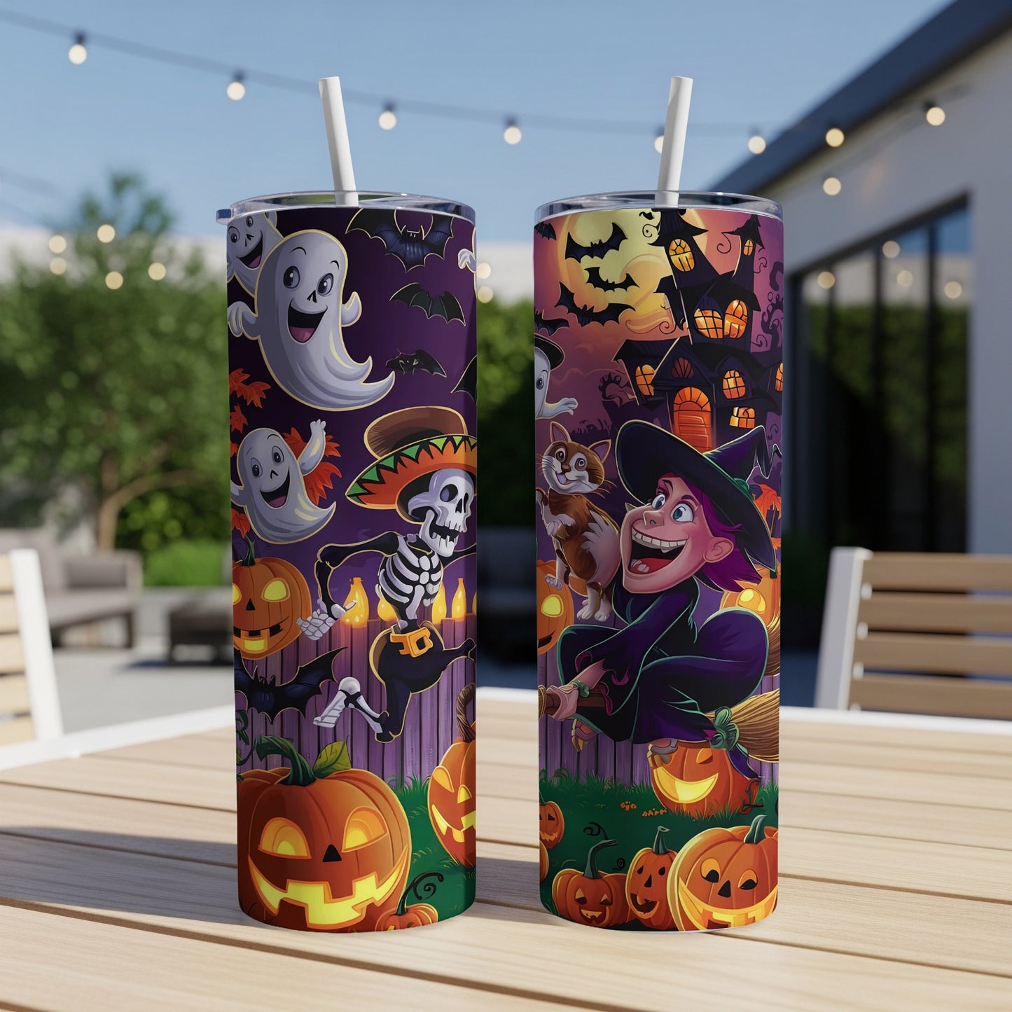 Two tumblers with Halloween designs featuring ghosts, a skeleton, witch, cat, pumpkins, bats, and a haunted house.