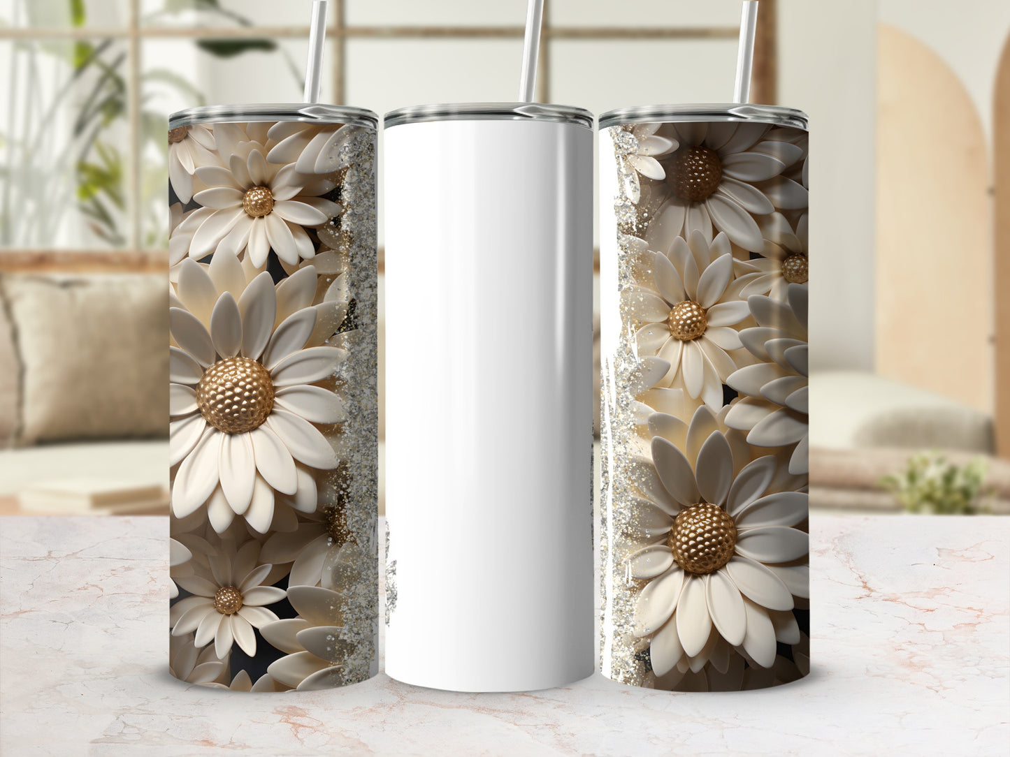 Three tall tumblers with detailed white flower patterns and gold accents.