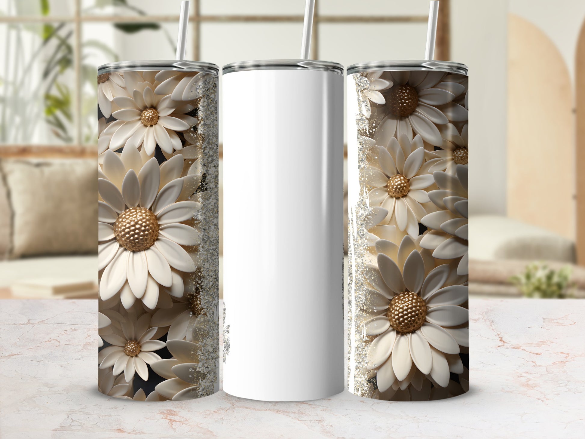 Three tall tumblers with detailed white flower patterns and gold accents.