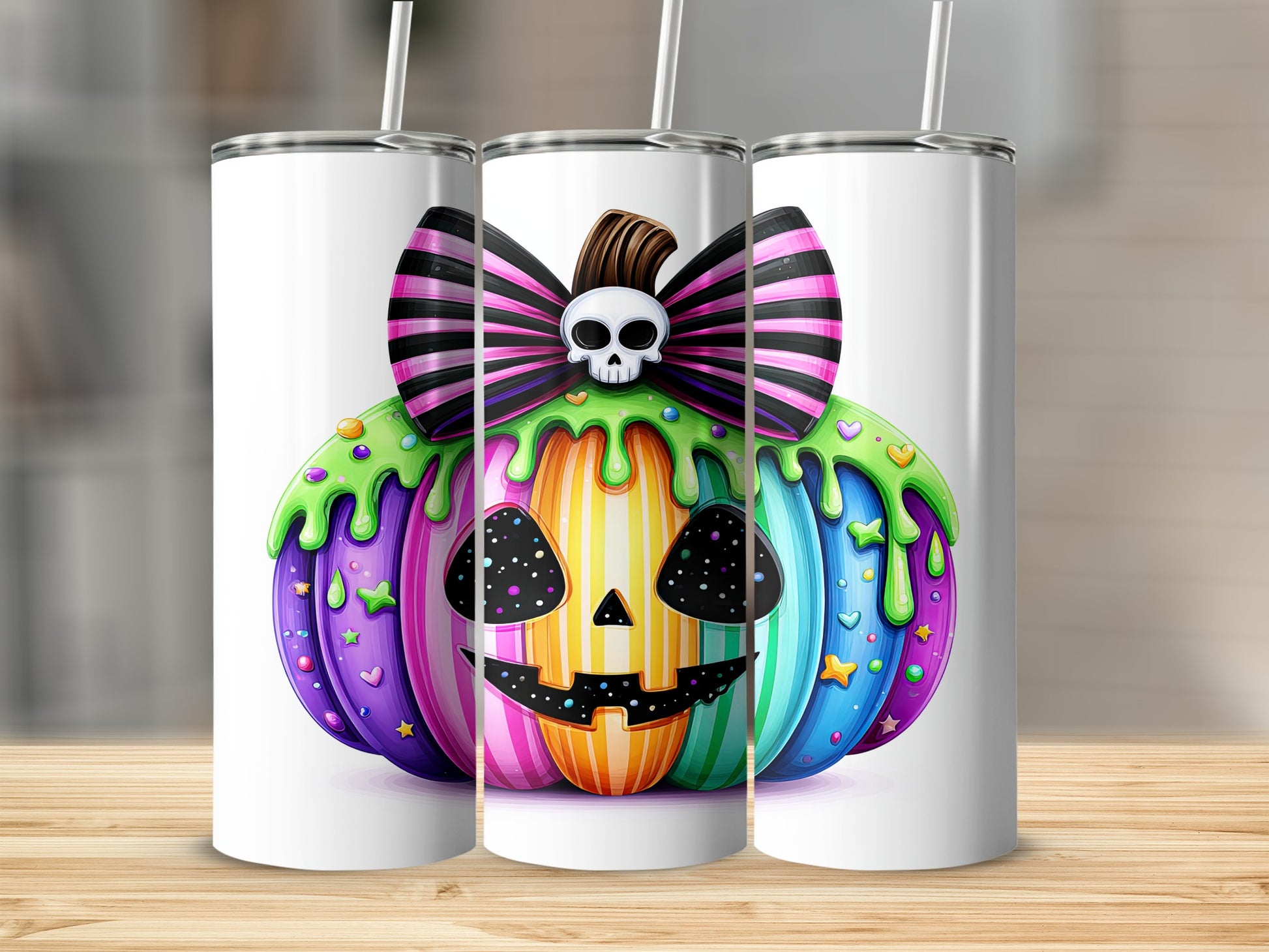 Colorful Halloween Pumpkin Tumbler with Skull and Bow