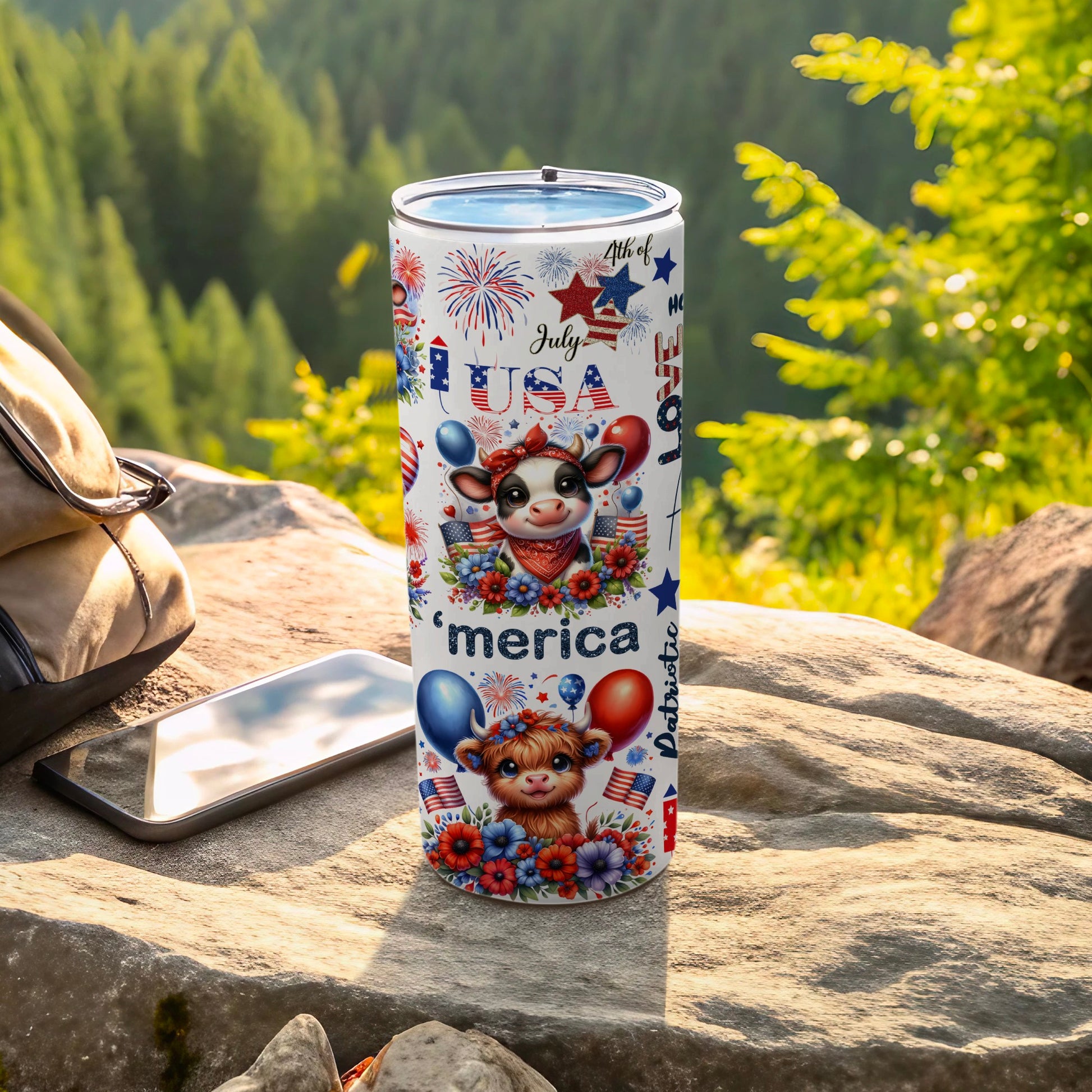 Patriotic tumbler with USA theme, cow, and balloons.