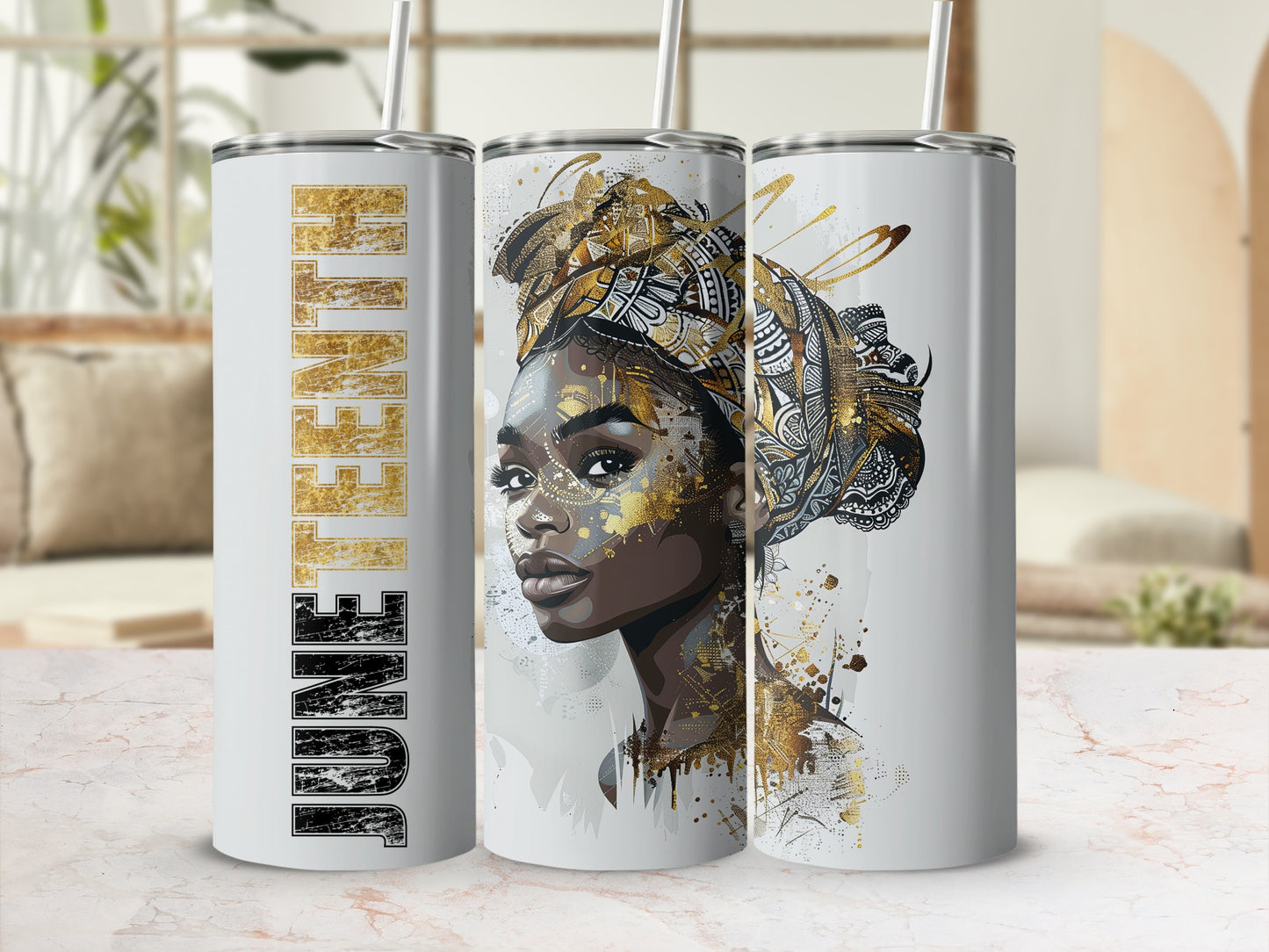 Juneteenth tumbler with portrait of Black woman wearing ornate headwrap.