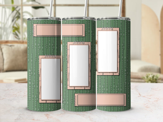 Three green striped tumblers with blank note panels.