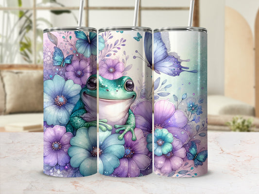 Frog and Flowers with Butterflies Design Tumbler