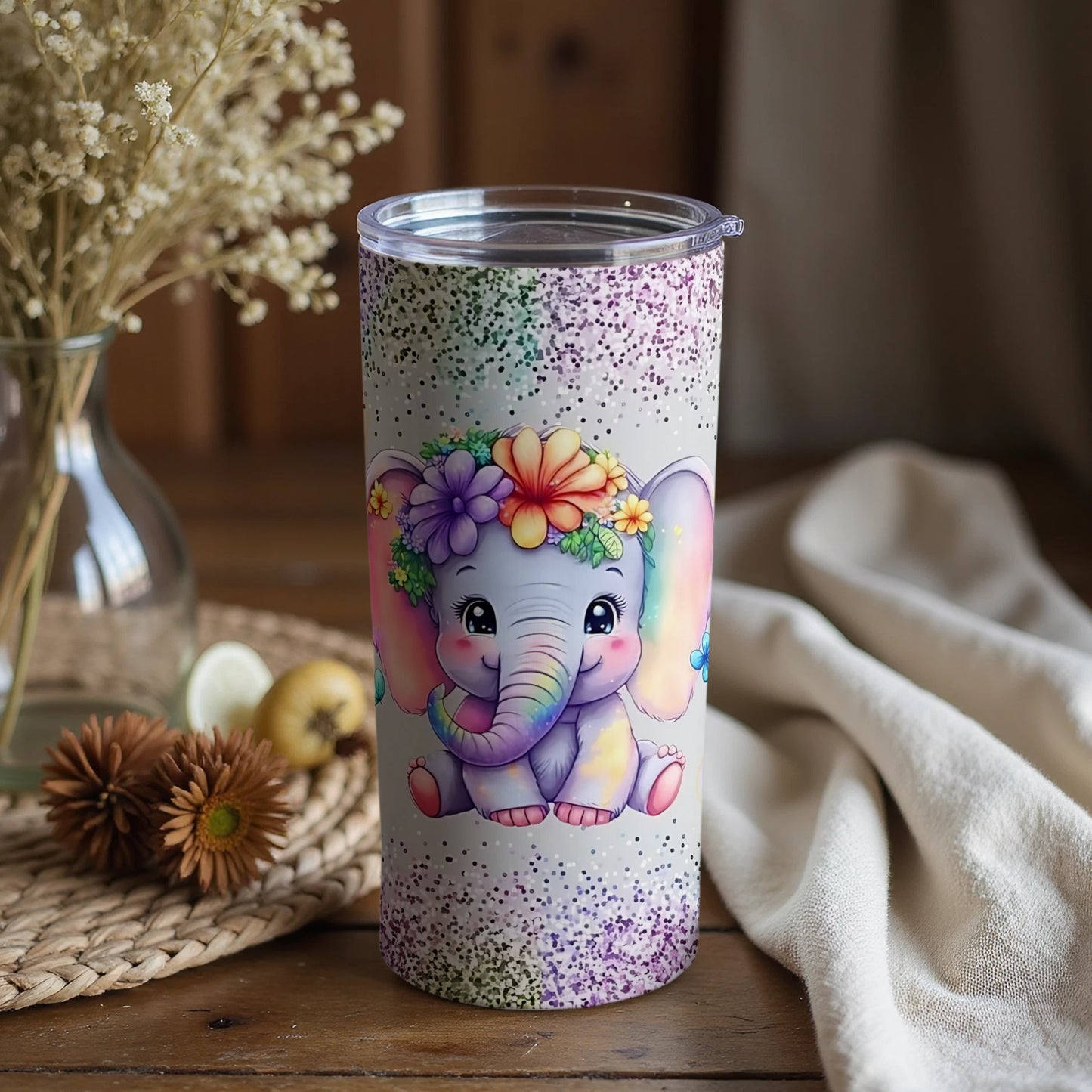 Adorable Elephant with Flowers Insulated Tumbler